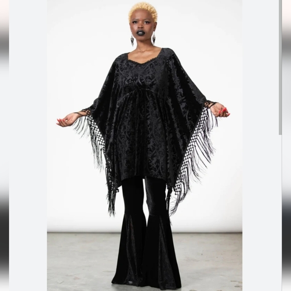 Killstar Jackets & Blazers - Killstar Mythic Mind Velvet Fringe Kimono In Black Festival Ready Unicorns Sz XL